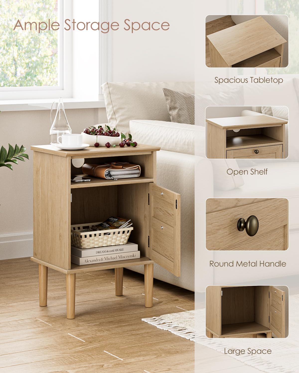 Apetaccat Nightstand, Boho Night Stand with 1 Drawer, Modern Side Accent Table with Open Shelf, Wooden Top Bedside End Table for Bedroom, Living Room, Natural