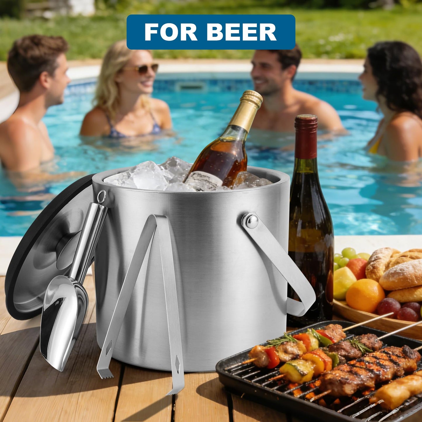 Berverra 5L Insulated Ice Bucket for Party,Portable Large Capacity Ice Buckets,Double-Wall Stainless stell Ice Container Keep Ice Cool,Champagne,Wine,Cocktail Beverage Bucket with Lid,Scoop & Tong