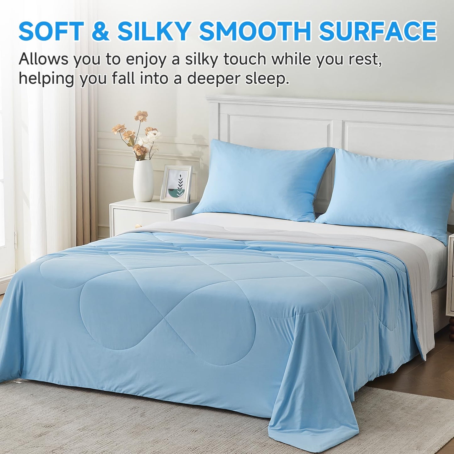 HOMFINE Cooling Comforter Japanese Double-Sided Cold Tech Fabric Cooling Blanket for Night Sweats Hot Sleepers, Q-Max 0.45 Soft Breathable Silky Smooth Lightweight, Blue Summer Comforter Queen