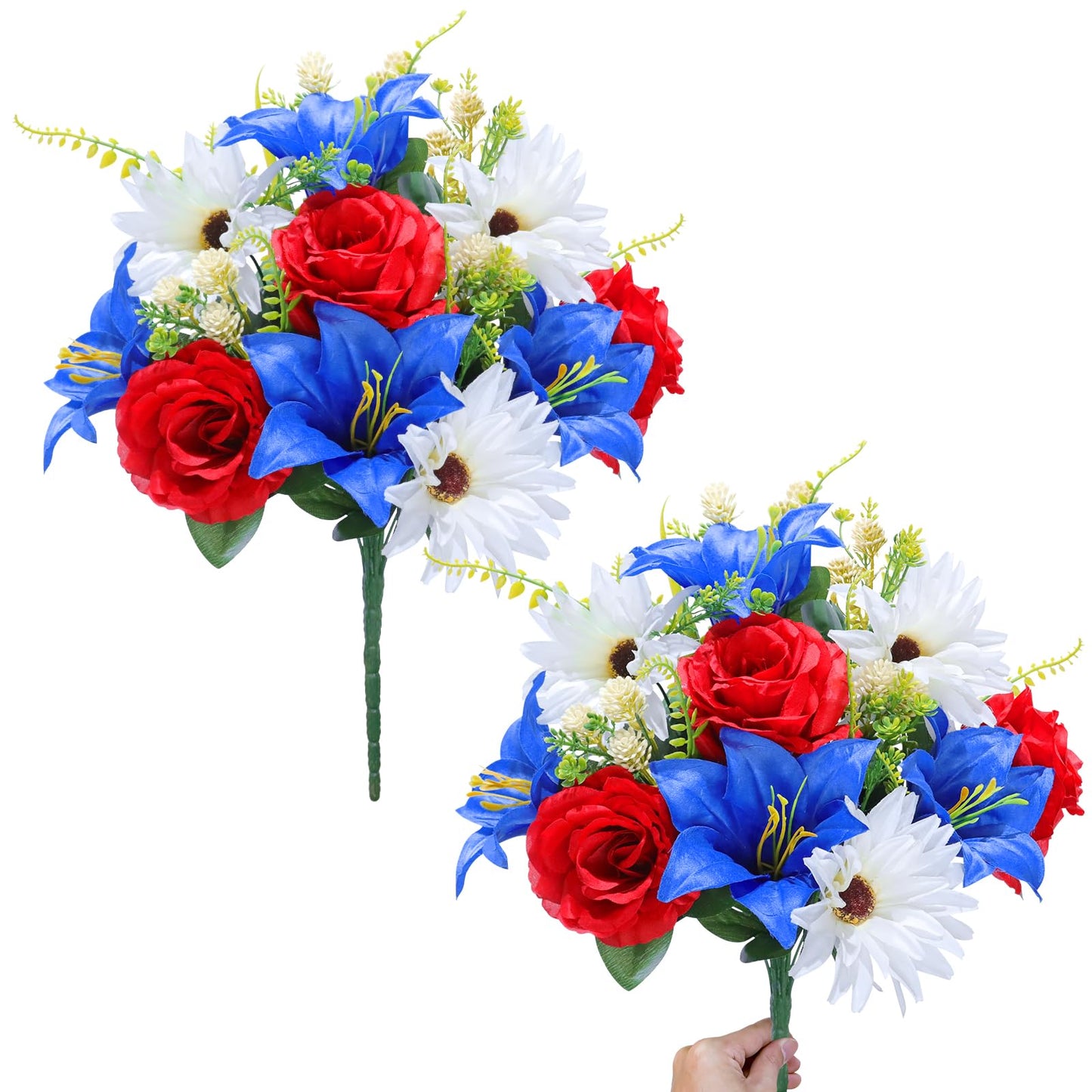 Large 20 Heads Artificial Red White and Blue Flowers Outdoor UV Resistant 2 Bouquets Patriotic Flowers Roses Sunflowers Lilies for 4th of July Decor Veterans Indoor Home USA 250th Anniversary