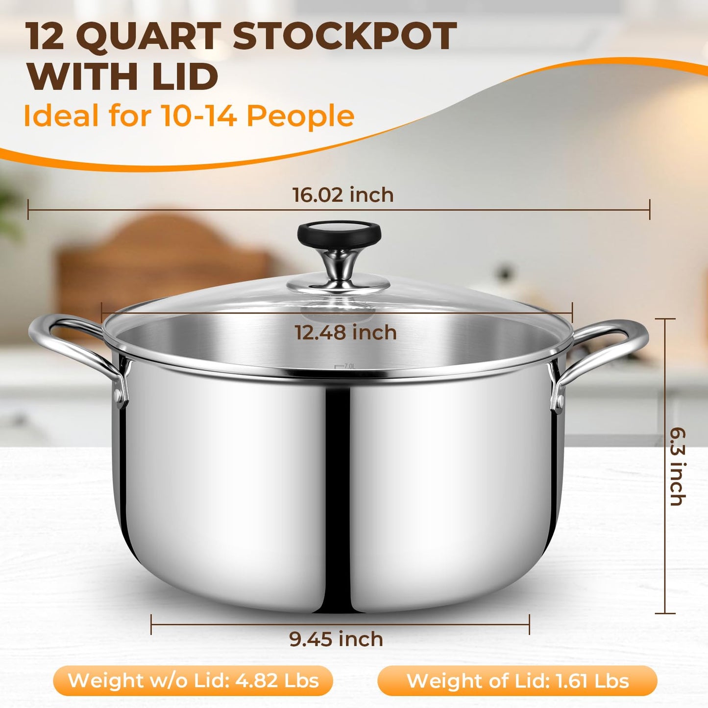 Tri-Ply Stainless Steel Stock Pot, 12 Quart Heavy Duty Induction Cooking Pot with Visible Lid for Pasta, Soup, Spaghetti, Sturdy & Double Handle, Dishwasher Safe