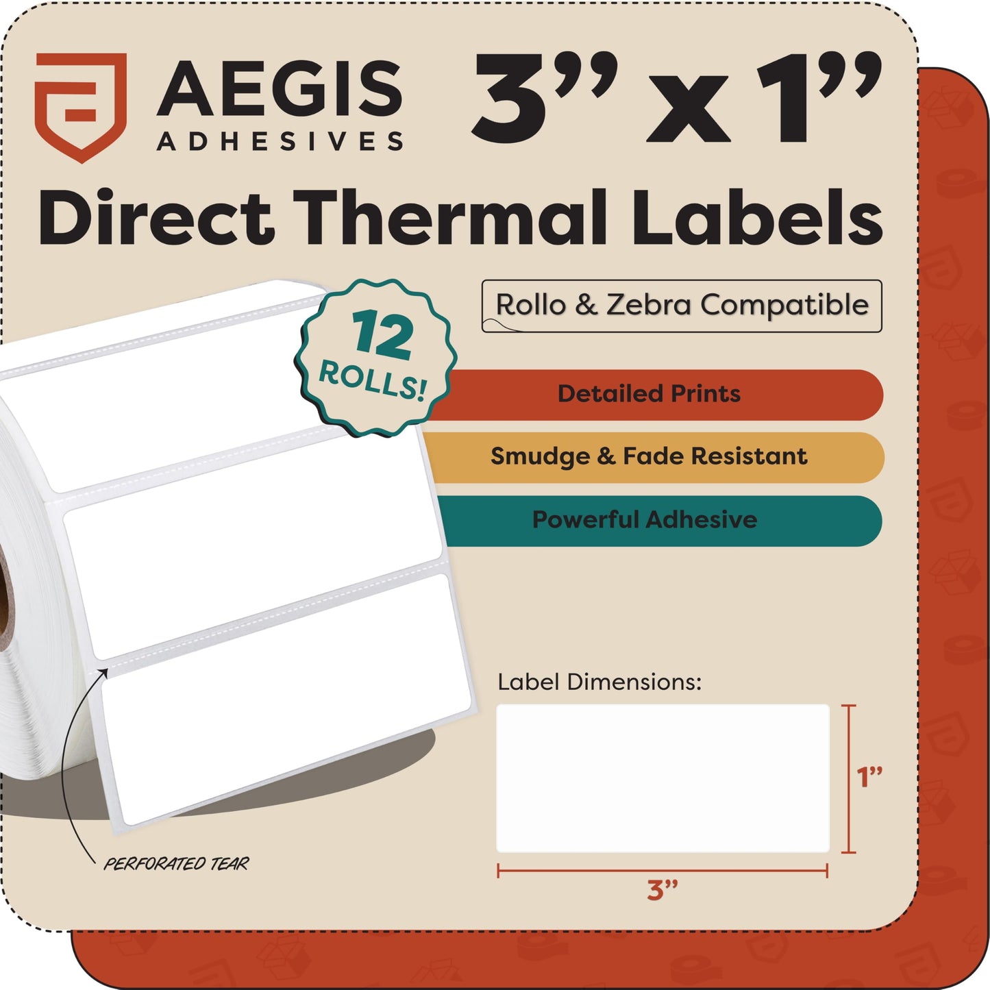 Aegis Adhesives - 3" X 1" Direct Thermal Labels (15600 Count, 12 Rolls) - Inventory SKU Barcode Labels, Address Stickers, and Shelf Identification - Compatible with Zebra and Rollo Printers