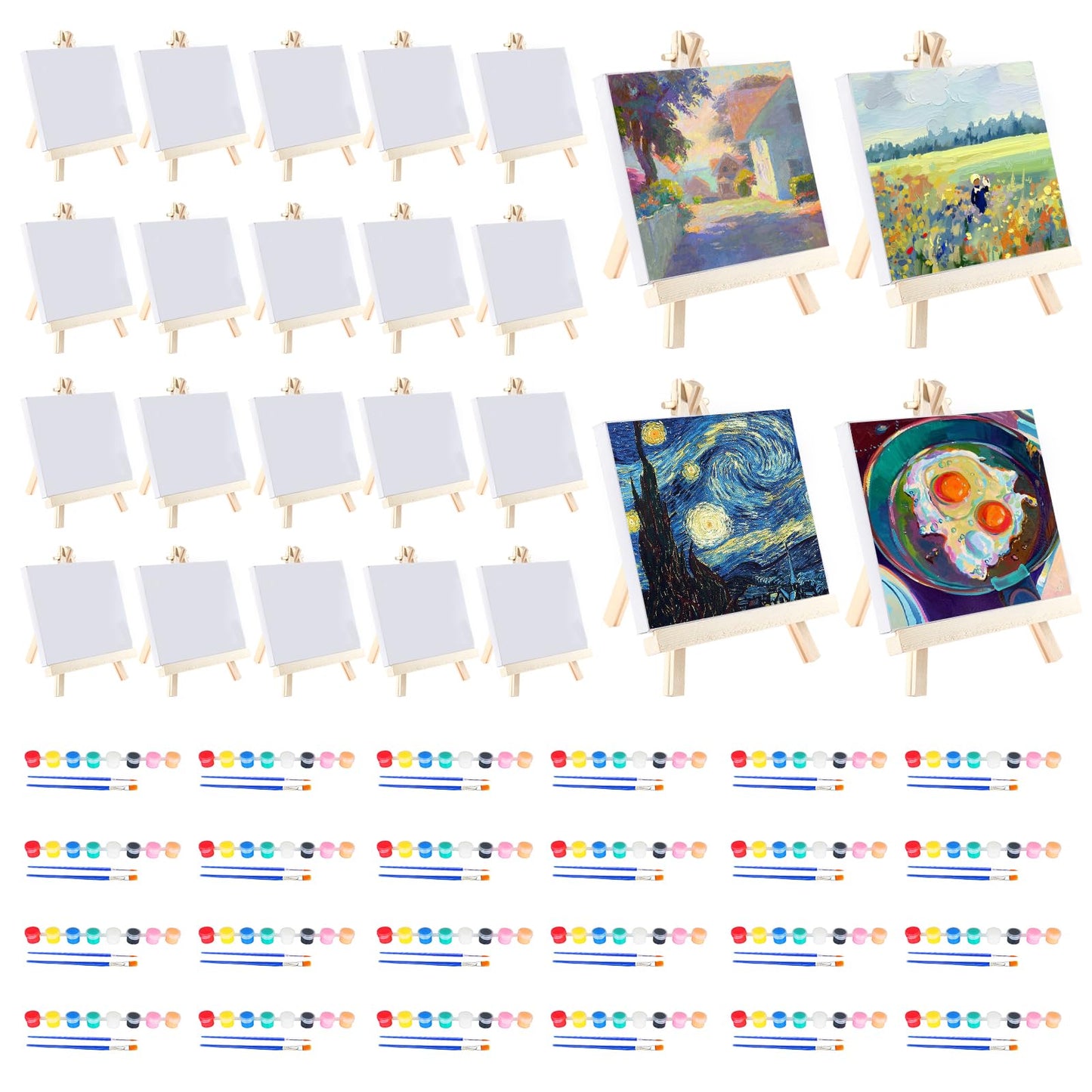 Merkaunis 24 Set Mini Canvas Paint and Easel Set Art Painting Kits Includes 4x4 Inch Canvas Boards,Paint Brushes,8 Colors Acrylic Paint, Art Set Gifts, for Oil Painting Crafts Party