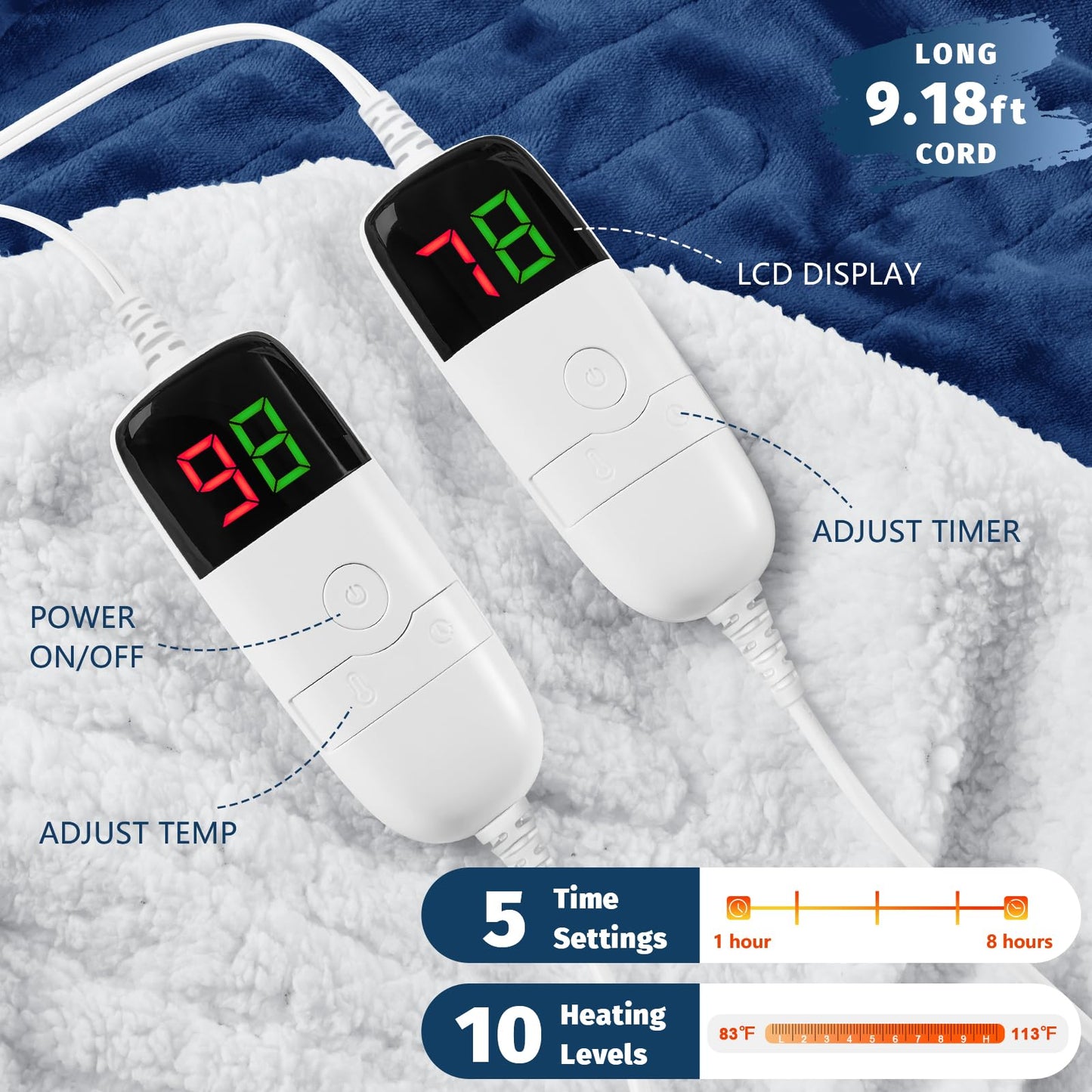 Heated Electric Blanket Queen Size - 84" x 90" Heating Blanket with Dual Control, 10 Heating Levels & 8 Hours Auto Off, Soft Warm Flannel Blanket, Christmas Birthday Gifts for Senior Grandma