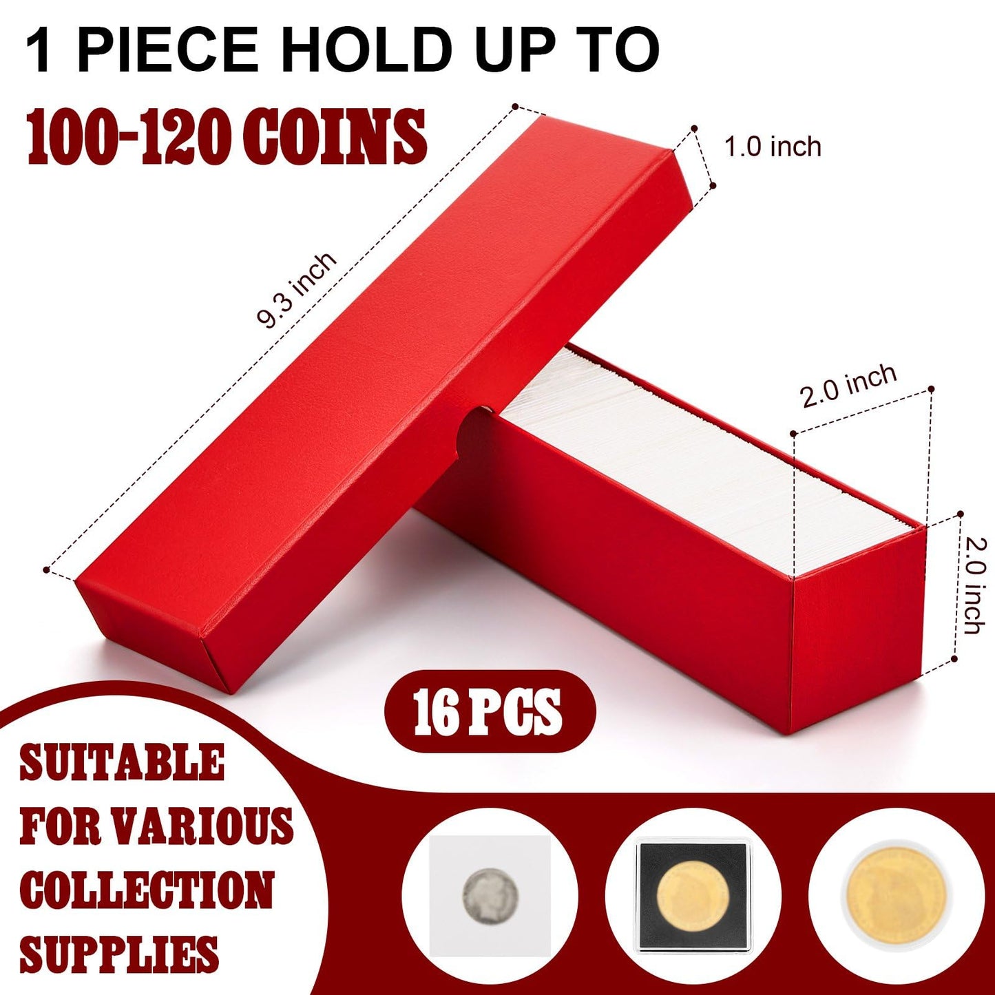 Teling 16 Pcs Coin Storage Box 2x2inch Flip Holders Box Coin Collectors Supplies Holders for Cents Collection Cardboard (9 x 2 x 2 Inches,Red)