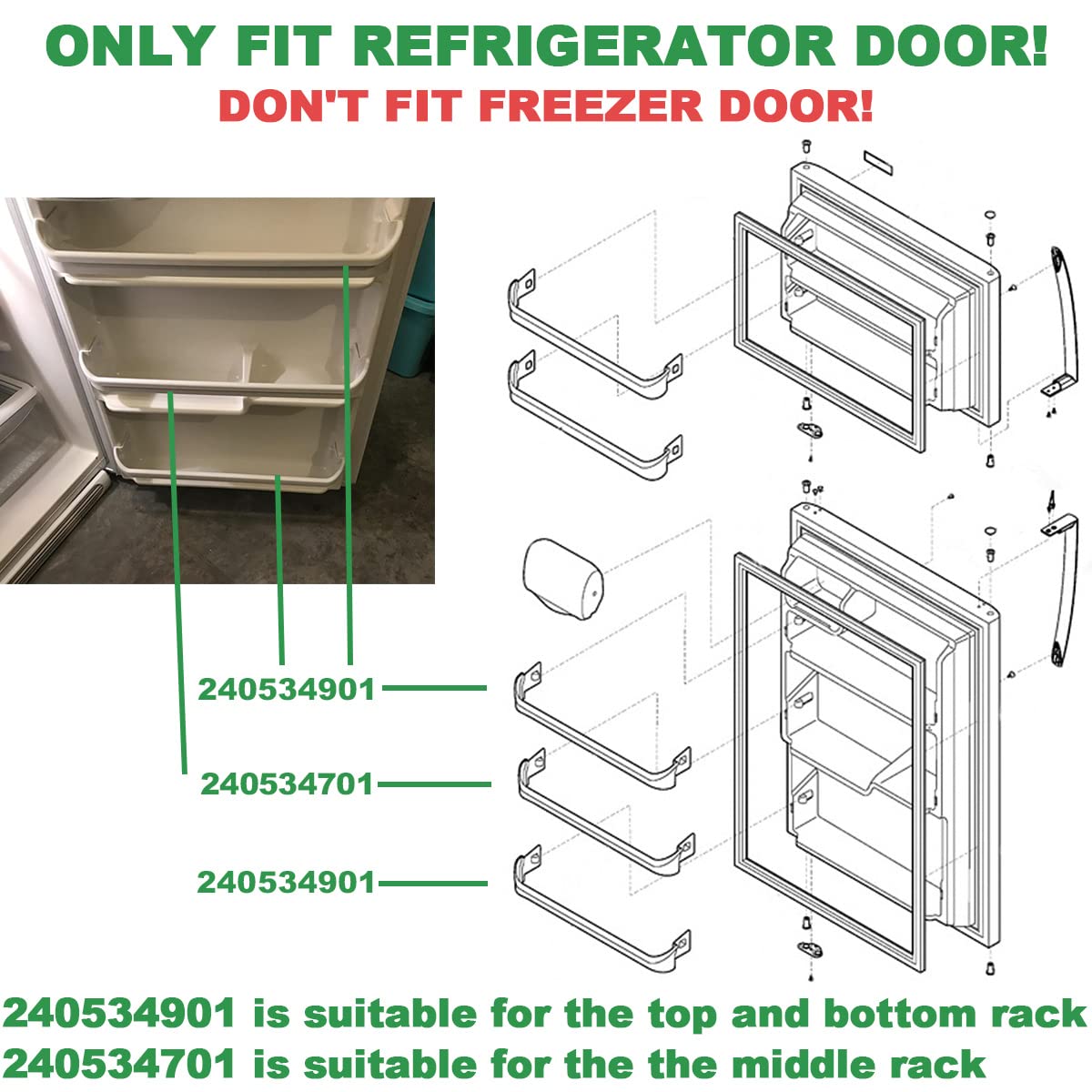 Upgraded 240534901 * 2 & 240534701 * 1 Refrigerator Door shelf retainer bar Compatible with frigidaire kenmore Rack Bar Rail,Replace PS734936 AP3214631 948952 AP3214630 PS734935 948954