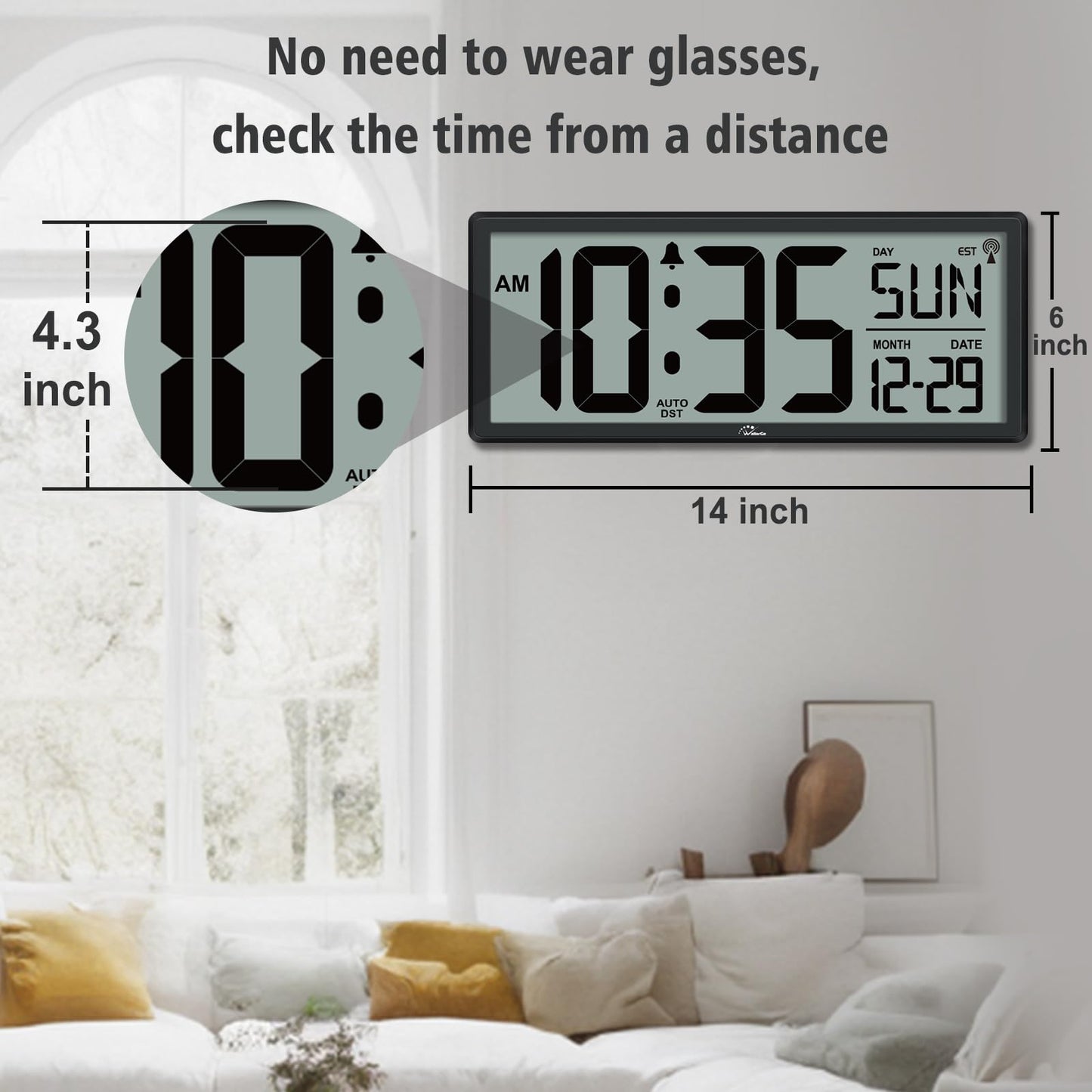 WallarGe 14.5'' Atomic Clock with Backlight, Large Digital Wall Clock Battery Operated, Large Display with Temperature and Date, Easy to Read and Set Digital Wall Clock, Auto DST