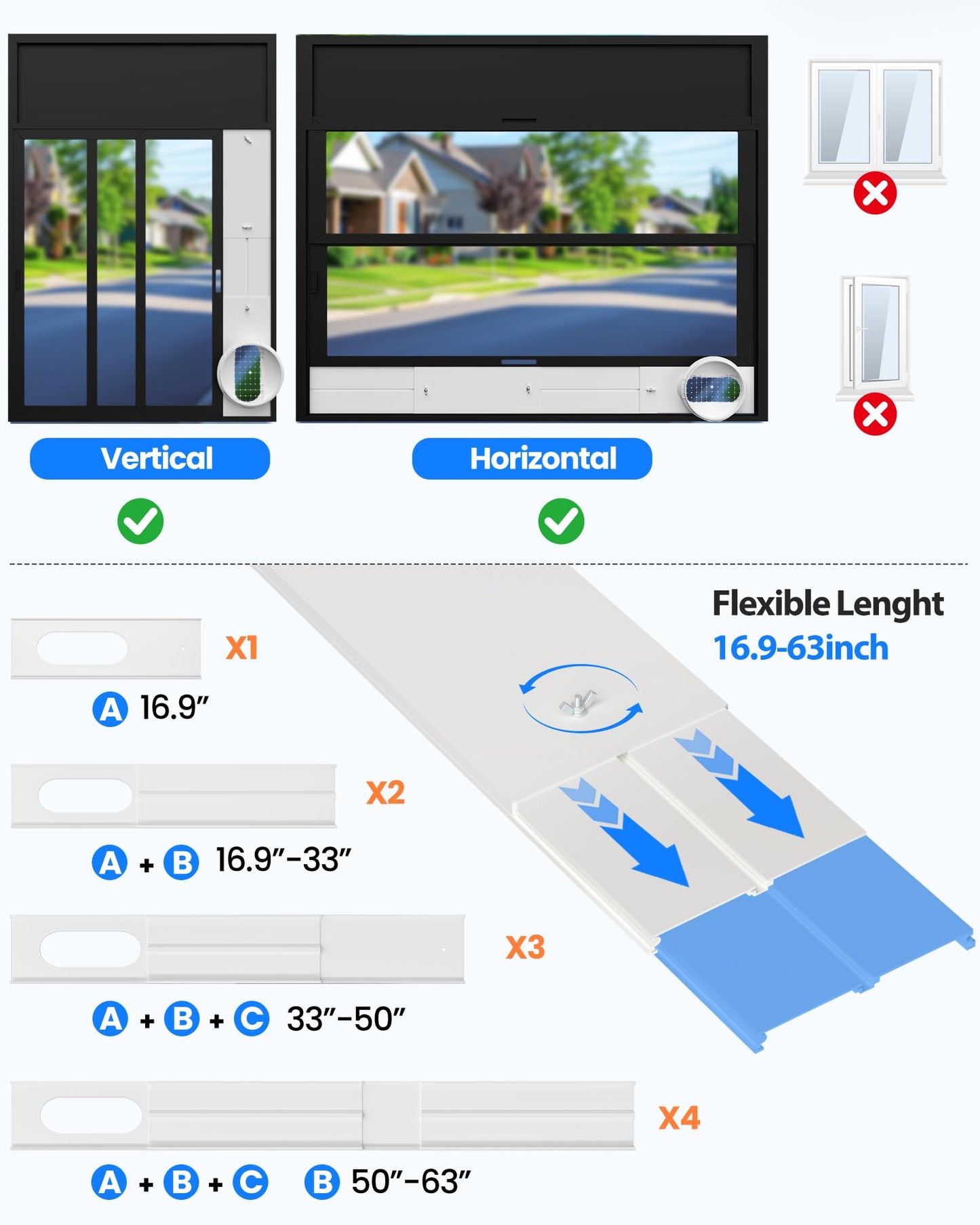 Portable Air Conditioner Window Vent Kit with 82" Length, 5.9" Diameter Exhaust Hose, 13Pcs Universal PVC AC Window Slide Seal with 4 Panel(17" to 63") for Horizontal&Vertical
