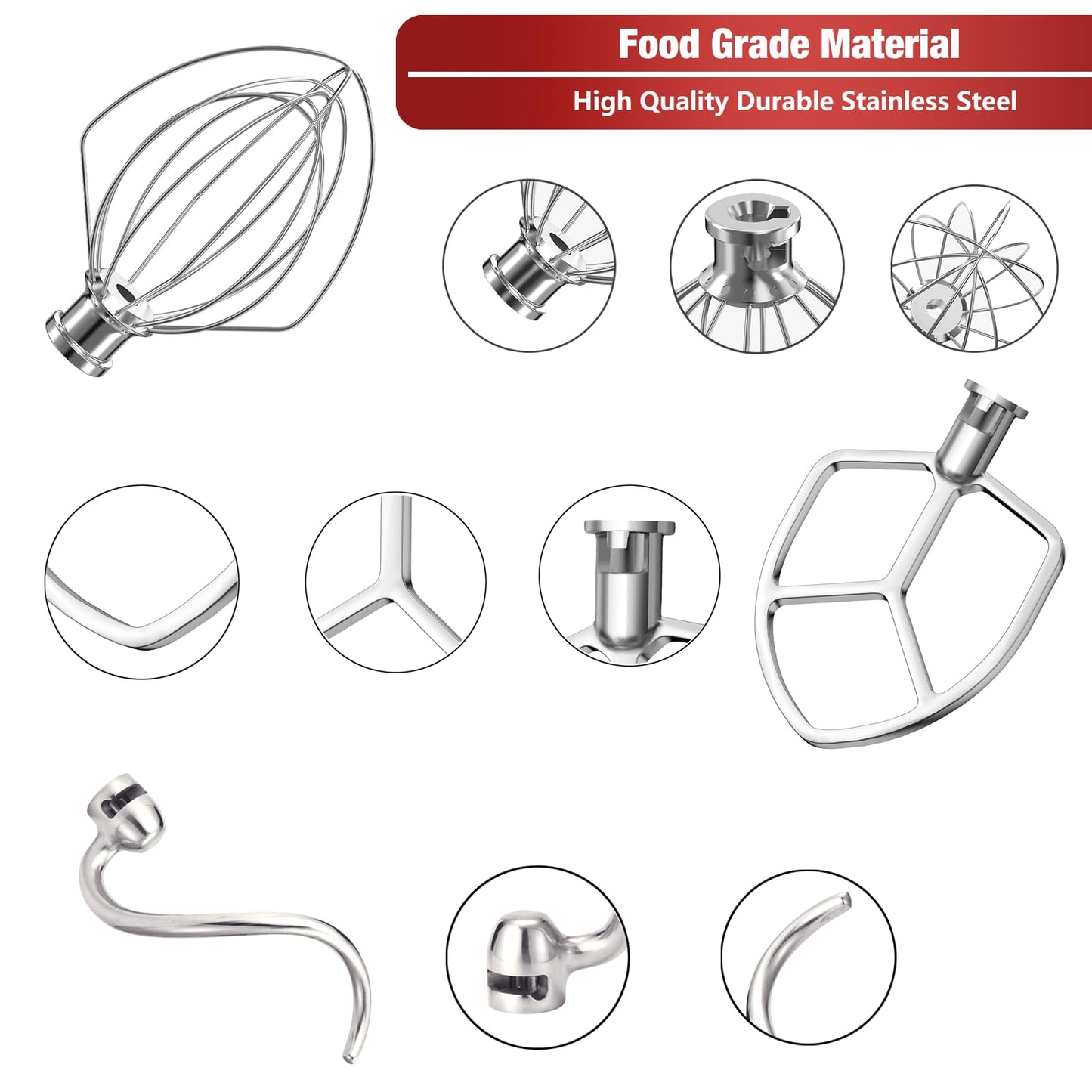 Stainless Steel 3 Piece kit Attachments for KitchenAid Stand Mixer and 5.5-6 Quart Bowl, Dishwasher Safe (5.5-6QT Flat Beater, 6QT Dough Hook, KN256 6-Wire Whip Attachment)