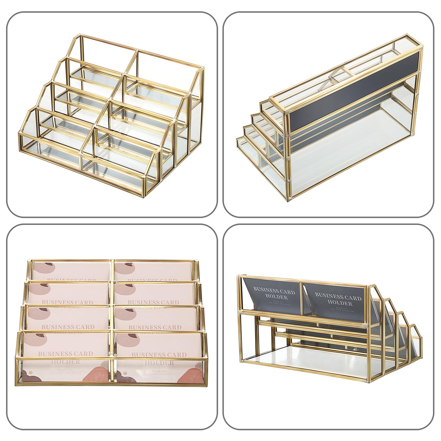 Hipiwe Mirrored Glass Business Card Holder Gold Business Card Display Stand for Desk Multiple Clear Business Card Holder Display for Office Desktop Cards Display Stand for Women Men, 8 Slots