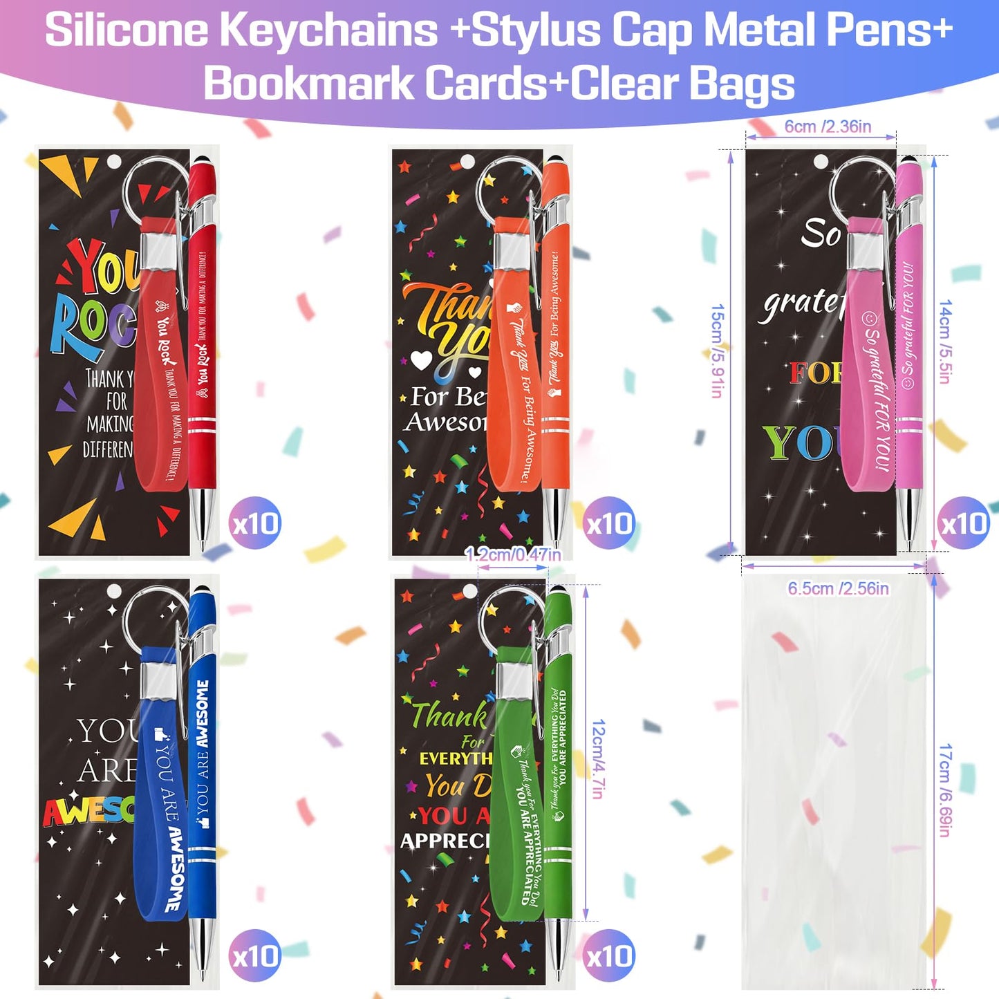 50 Sets/150 Pcs Employee Appreciation Gifts in Bulk, Including Silicone Key Chains, Pens with Stylus Cap, Bookmarks, Team Thank You Gifts Inspirational Motivational Teachers Nurses Staff Coworkers