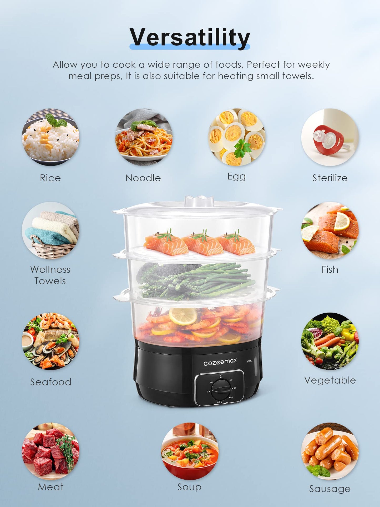 Cozeemax 3 Tier Electric Food Steamer for Cooking, 13.7QT Vegetable Steamer for Fast Simultaneous Cooking, Veggie Steamer, Food Steam Cooker, 60 Minute Timer, BPA Free Baskets, 800W(Black)