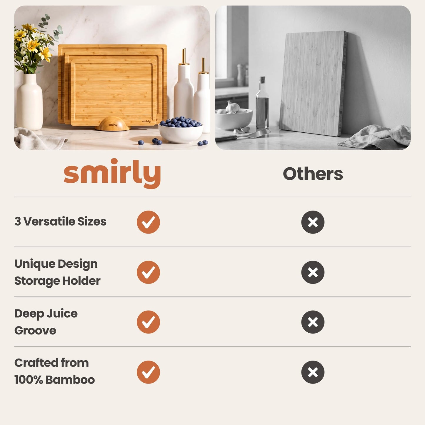 SMIRLY Bamboo Cutting Boards for Kitchen - Wood Cutting Board for Meal Prep, Serving, Charcuterie - Kitchen Gadgets, House Warming Gifts - Wooden Chopping Board Set of 3 with Holder - Natural Bamboo