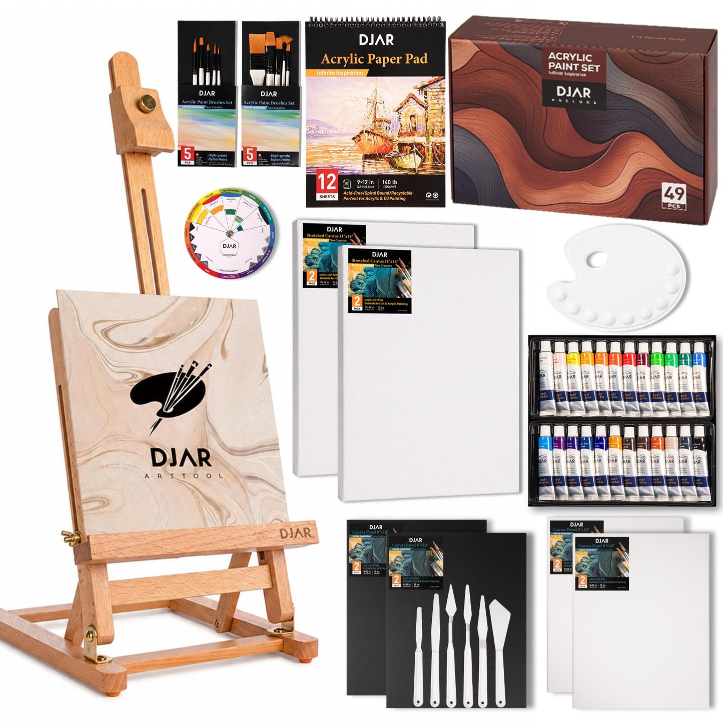 DJAR 49 pcs Acrylic Art Set with 25" Art Easel, Adjustable Beech Wood Tabletop Wooden Easel for Painting, Painting Supplies with 24 Acrylic Paints, Canvas Panels, Palette for Teens, Adults, Students