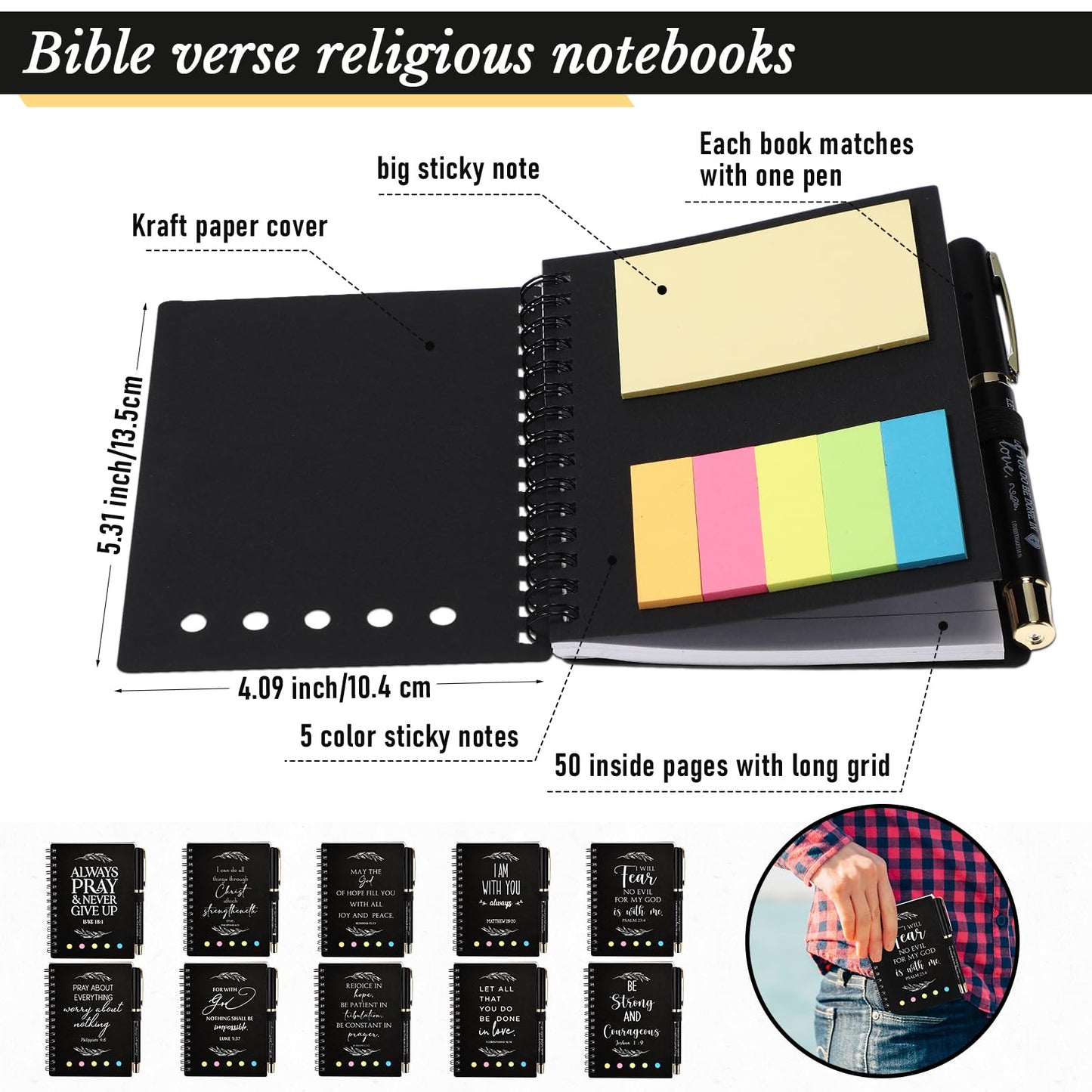 Kosiz 30 Set / 60 Pcs Fathers Day Christian Gift Bulk with Pocket Spiral Religious Notebook with Sticky Notes Bible Verse Pens Prayer Journal Gifts for Church Men Women Sunday School Teacher (Black)