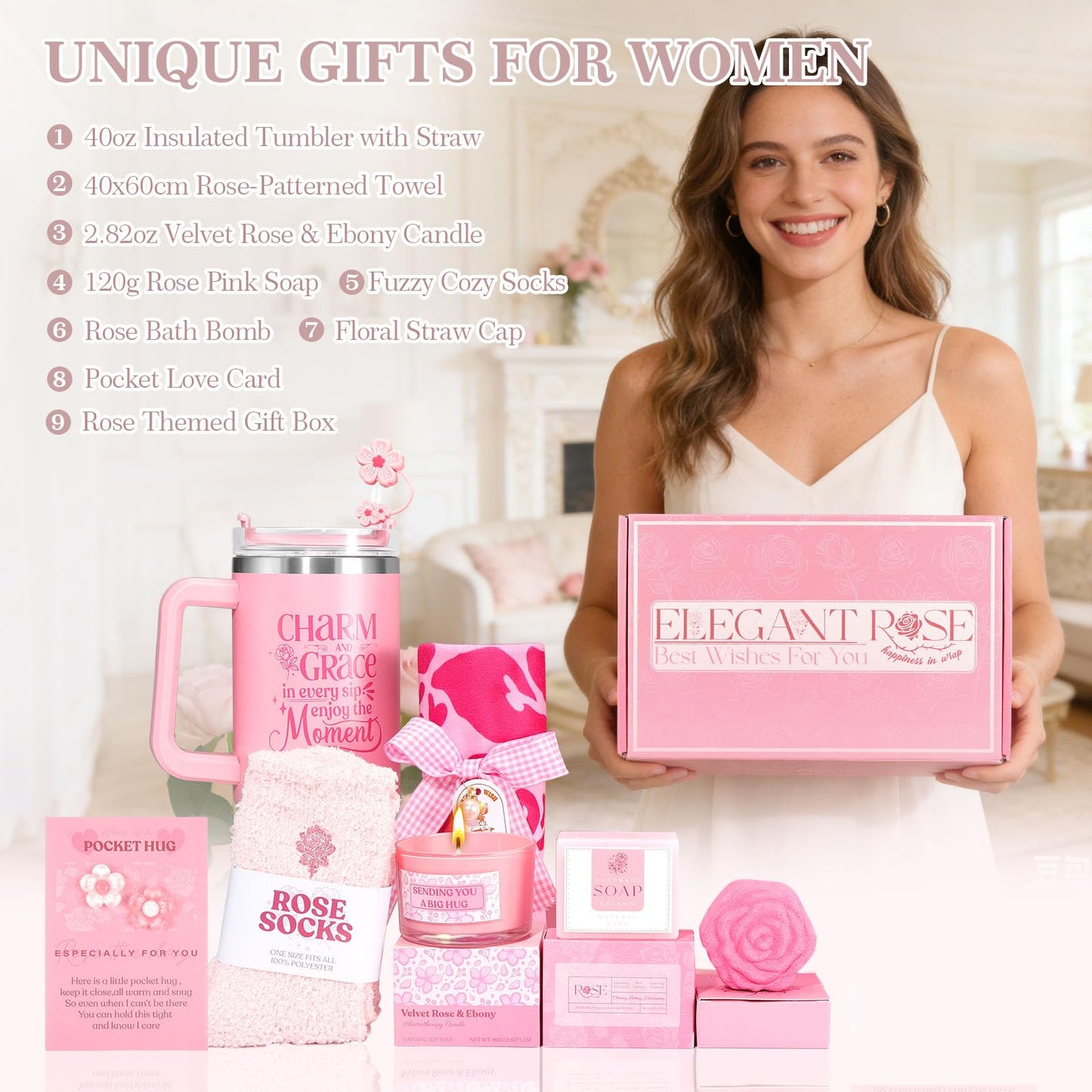 Pink Gifts for Womens Self Care Essentials Gift Set - Pink Birthday Gifts Box for Women Spa Gift Basket for Mom Sister Best Friend Work Friend, Gift Package for Women Pampering Gifts w/ 40oz Tumbler