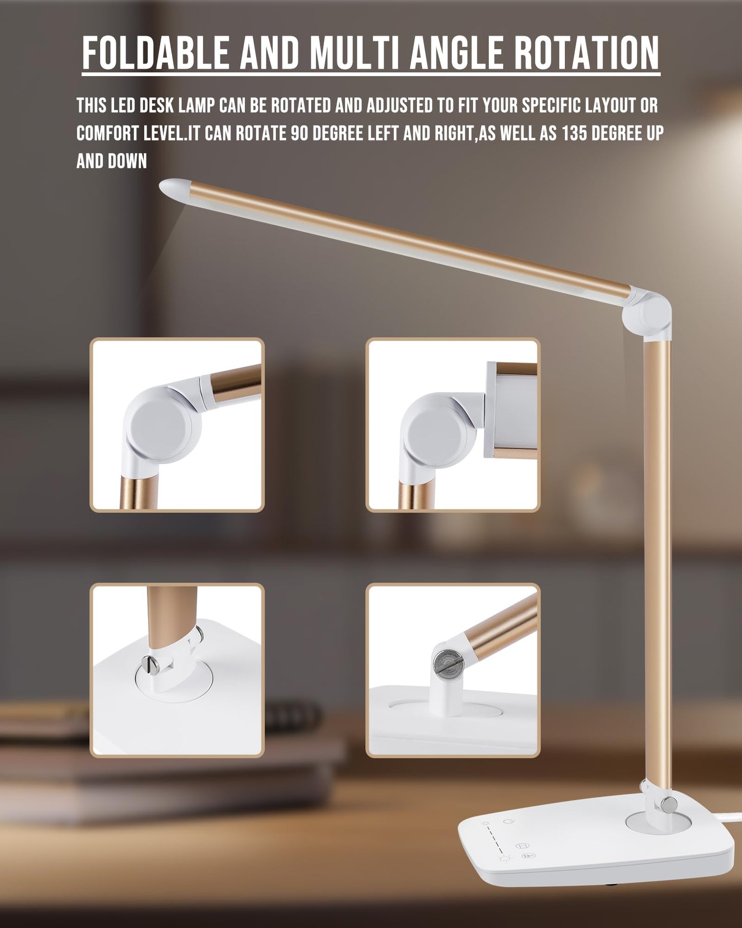 Lichamp Dimmable LED Desk Lamp with USB Charging Port, Touch Control Foldable Gooseneck Free Rotation Adjustable Eye Care Table Lamp, Bedside Reading Light with UL AC Adapter (Pink Gold)