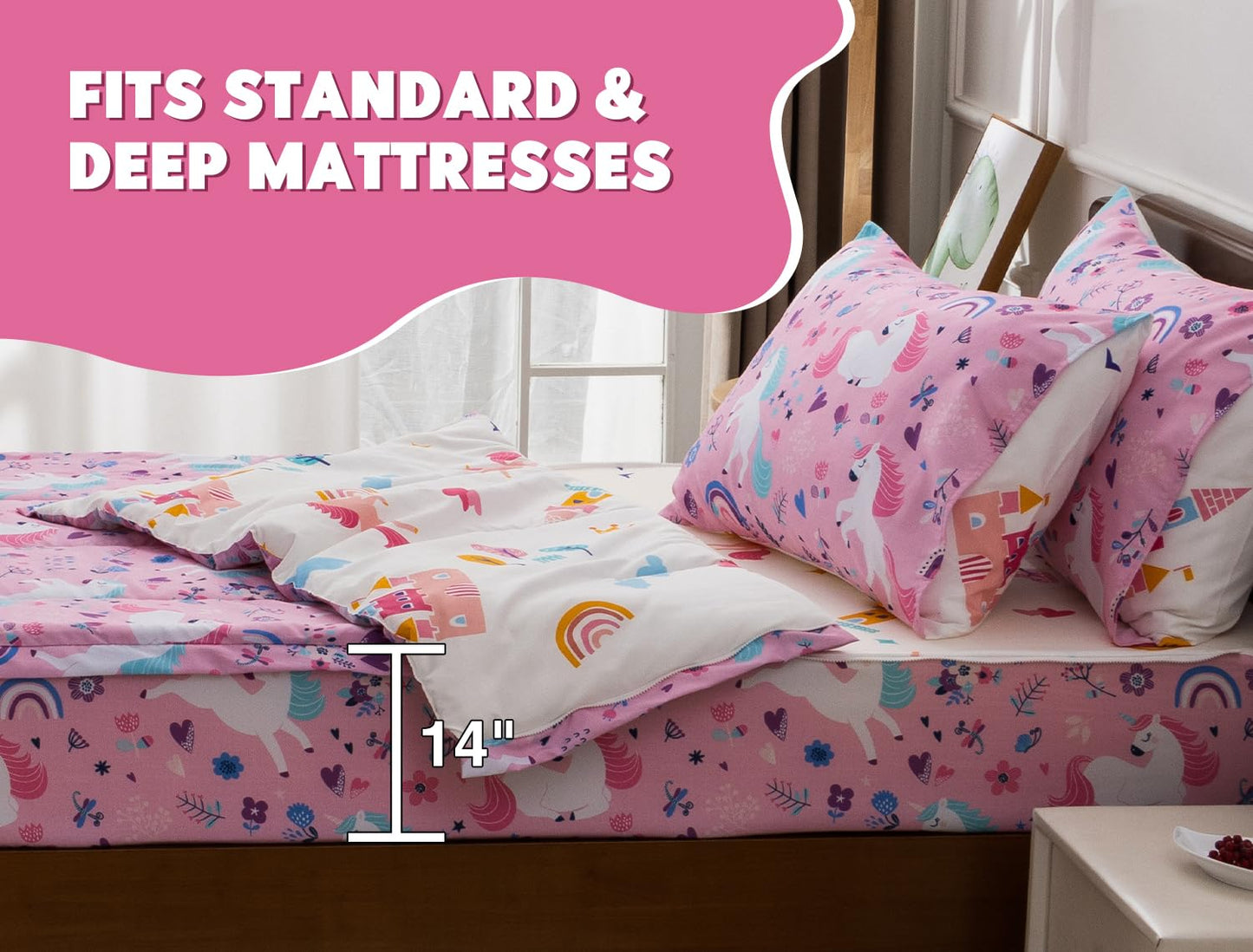 Meeting Story 3pcs Kids Comforter Sets Zipper Bedding Set for Girls,Twin Kid Bedding Set Rainbow Comforter Unicorn Bedding for Kid,All in one Zipper Bedding(Pink，Twin