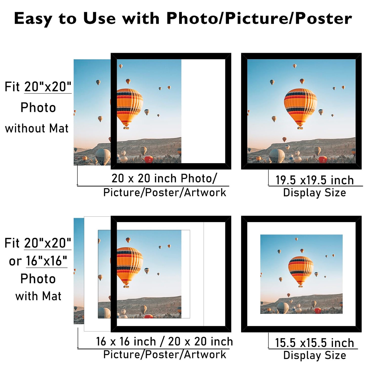 JCJMY 20x20 Picture Frame Black with 16x16 Mat, Display Photo 16x16 with Mat or 20 x 20 Without Mat, Wall Hanging Large 20x20 Poster Frame with Shatter Resistant Plexiglass, Black