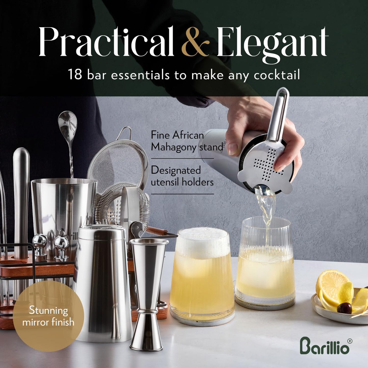 Barillio Bartender Kit – 23-Piece Stainless-Steel Cocktail Shaker Set with Premium African Mahogany Stand | Martini Barware Mixing Tools for Home Bartending | Gift Set