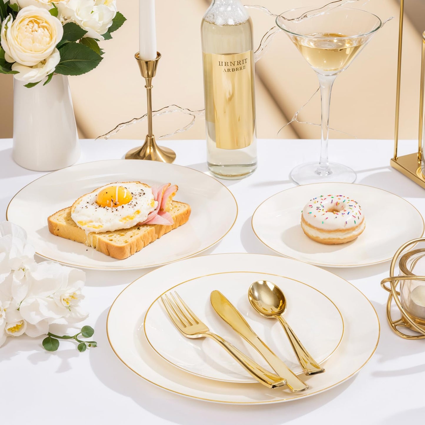 Nervure 100Pcs Ivory and Gold Plastic Plates - 10.25inch Disposable Ivory Dinner Plates - Heavy Duty Plastic Plate Ideal for Wedding & Party