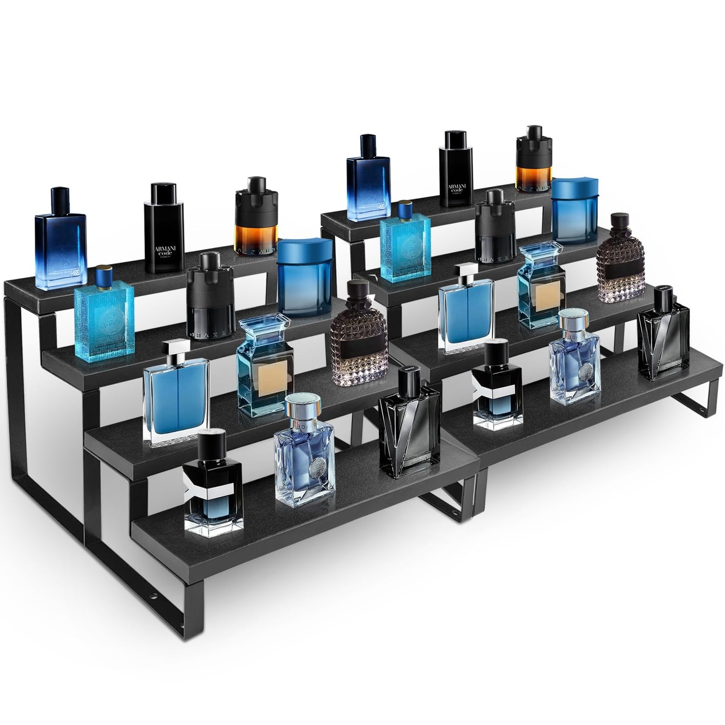 HomePekite Wooden Display Riser Stand, Tiered Perfume and Cologne Organizer Stand, 4 Tier Spice Rack Organizer, Rustic Display Shelf for Candles (4 Tier 2 Pcs), Black