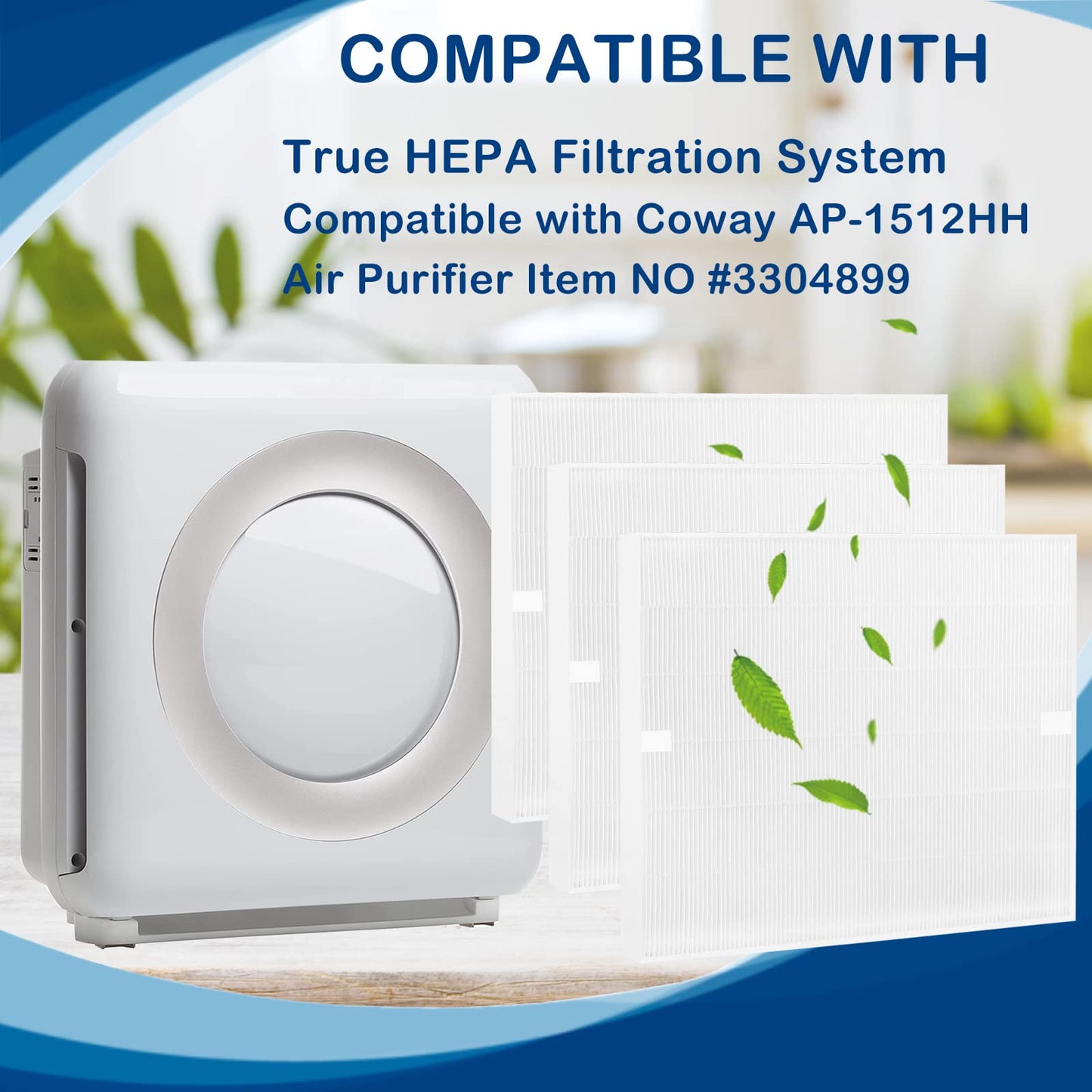 AP-1512HH True HEPA Filter Replacement Compatible with Coway Airmega AP-1512HH Mighty and Airmega 200M Air Cleaner Purifier, AP-1518R, AP-1519P, Item NO #3304899, 3 Pack HEPA Filter Only