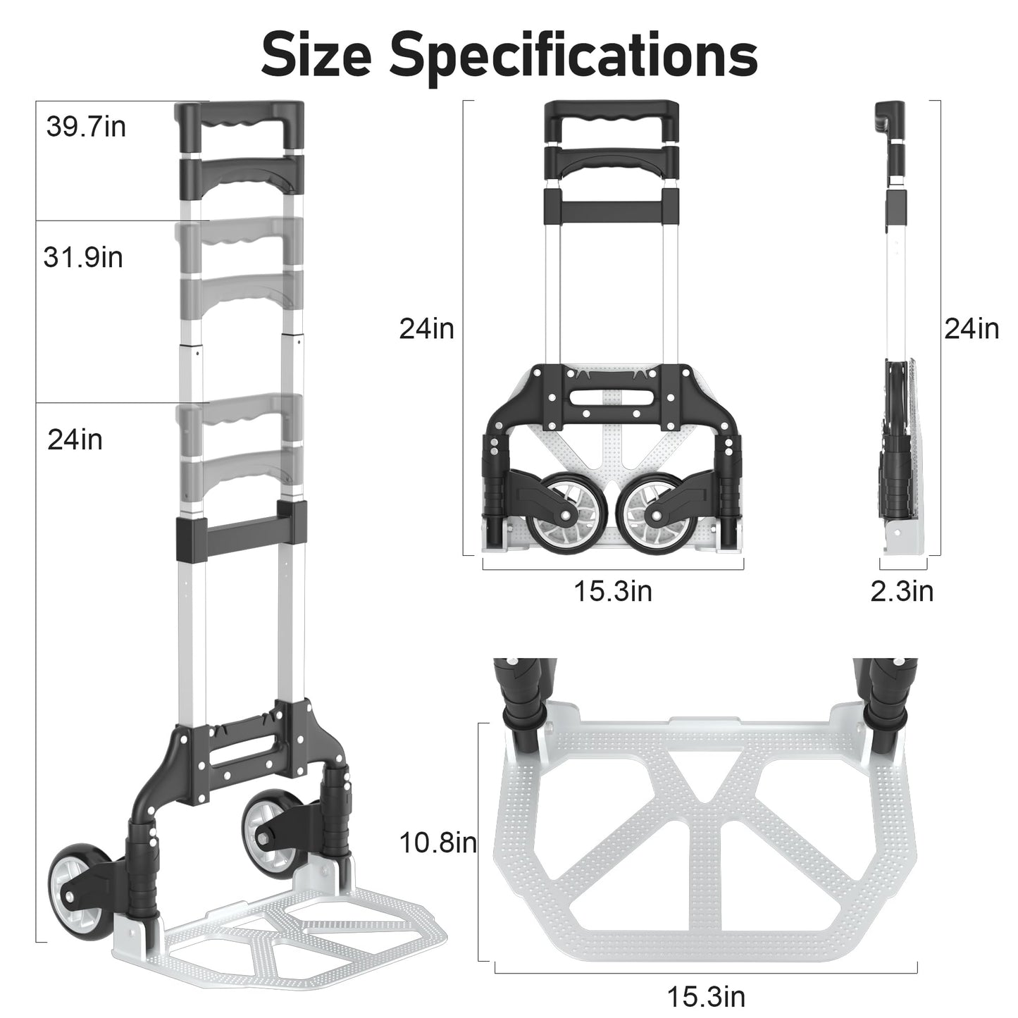 Folding Hand Truck - Aluminum Portable Dolly Cart with Telescopic Handle, Bungee Cord - Compact Lightweight Foldable Luggage Cart for Moving, Home, Auto, 180lbs, Black