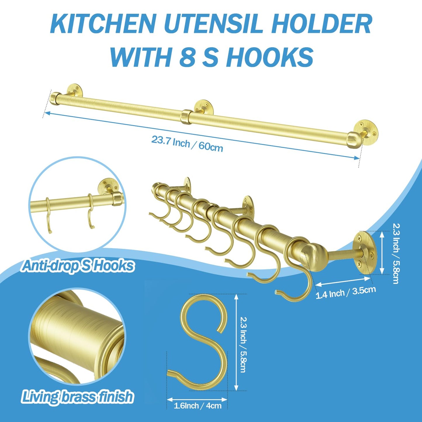 ROTHLEY Stainless Steel Hanging Pot Rack Hanger: 23.7 Inch Brass Pot and Pan Hanger Wall Mounted Hanging Pot Bar Rack Heavy Duty Pot Hangers Kitchen Rail with 8 S Hooks