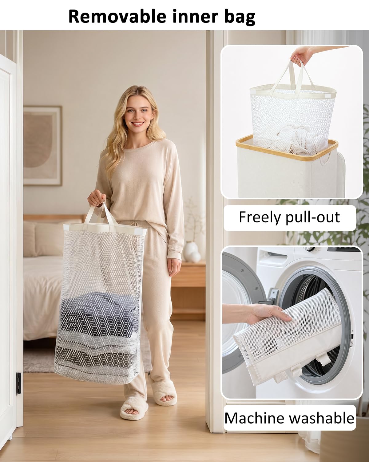 iEGrow Laundry Basket with Lid, 110L Large Laundry Hamper with Handle and Lid, Collapsible Clothes Basket Organizer with Removable Inner Bag for Clothes Toys Towels - Beige