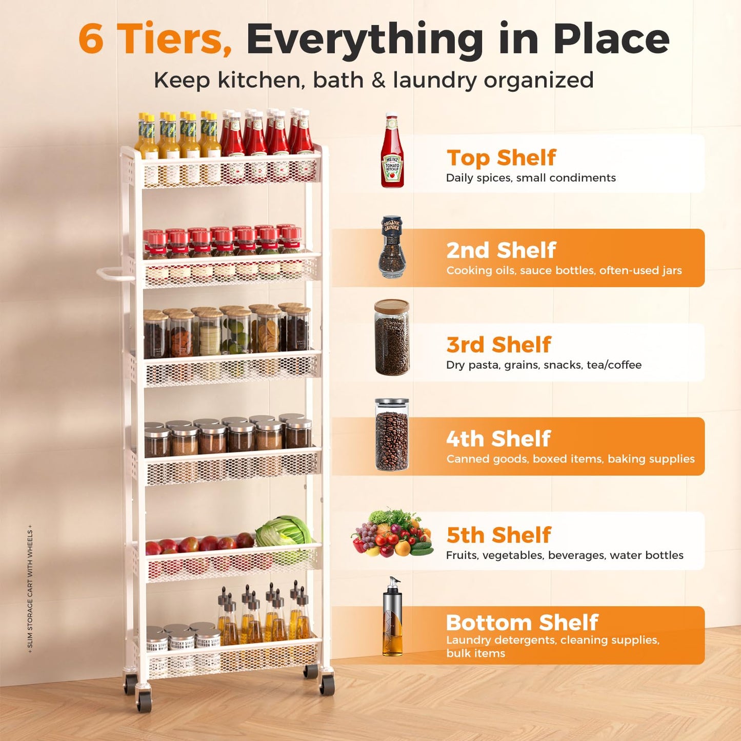 Xpatee 6 Tier Slim Storage Cart with Wheels, 6" D Rolling Storage Cart for Small Space, Metal Narrow Spice Cabinet Mobile Shelving Unit Organizer with Handle for Kitchen, Laundry - White