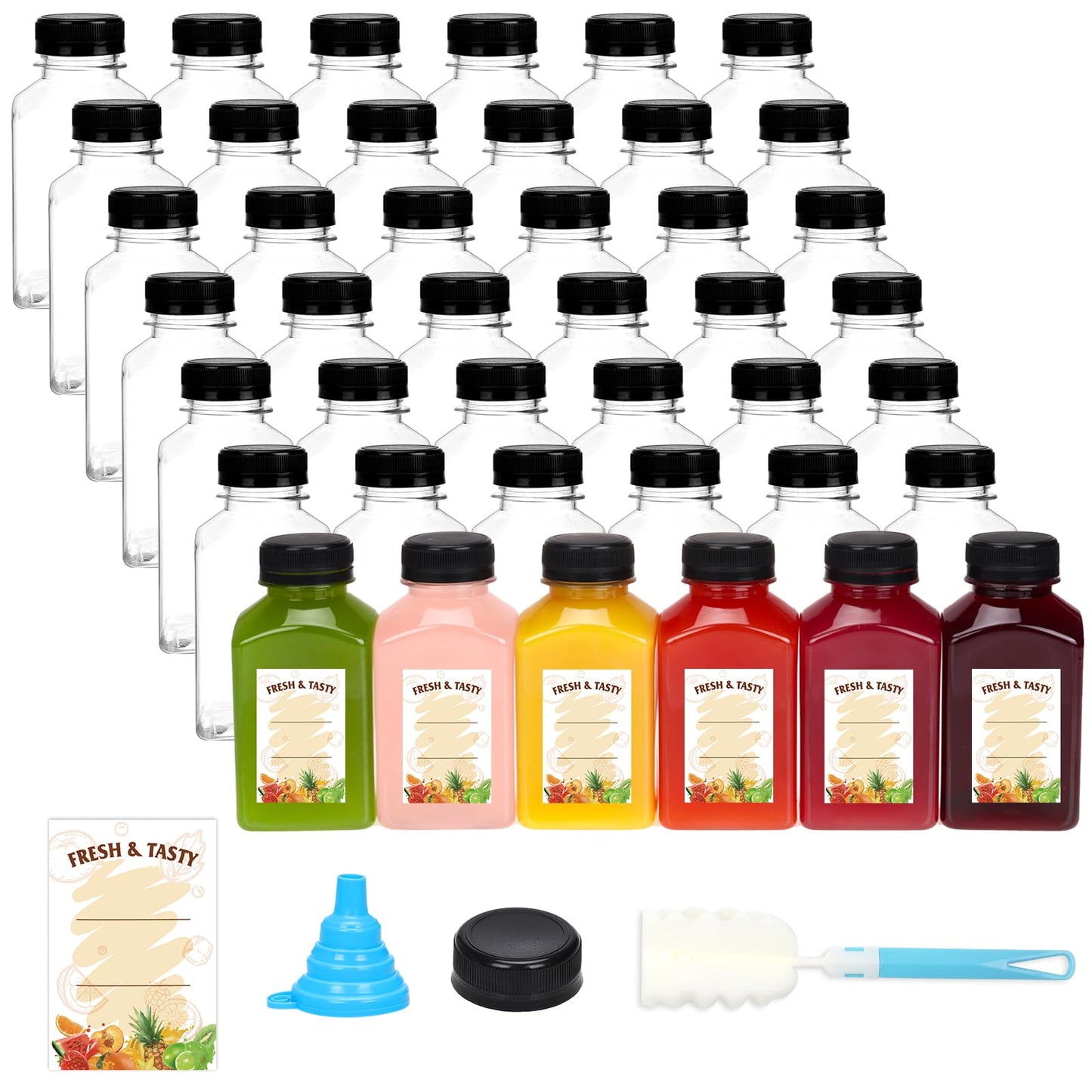 BAKHUK 36pcs 10oz Empty Plastic Juice Bottles with Caps, Reusable Clear Bulk Beverage Containers for Juice, Milk and Other Beverages