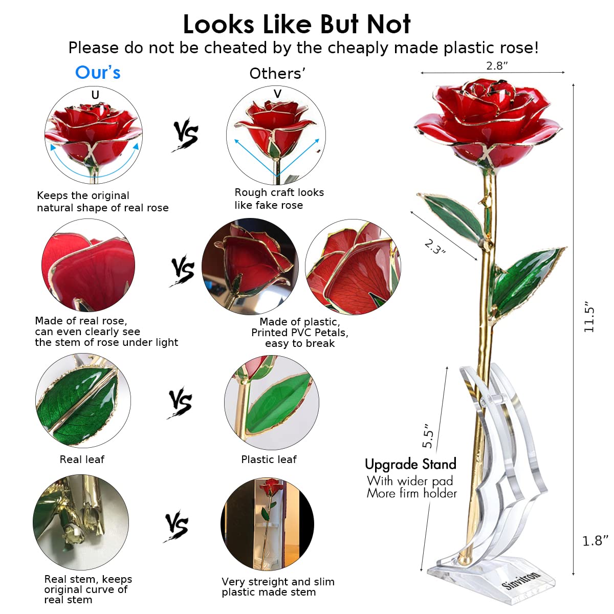 Sinvitron Gold Dipped Infinity Rose - Eternal Resin-Preserved Rose | Forever Flower Decor for Birthdays, Mother’s Day, Anniversaries | Unique Gift for Women, Mom, Wife (Red)