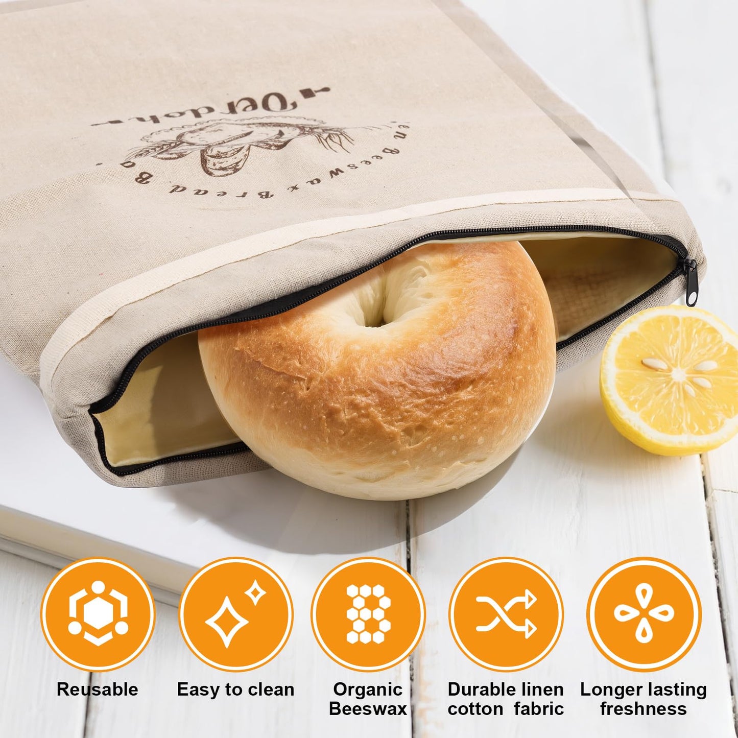 Oerdoh Bread Bags for Homemade Bread - 2 Packs XL Reusable Organic Beeswax Linen Cotton Sourdough Bag, Homesteading Essentials Sourdough Bags with Sealing Zip to Keep Fresh