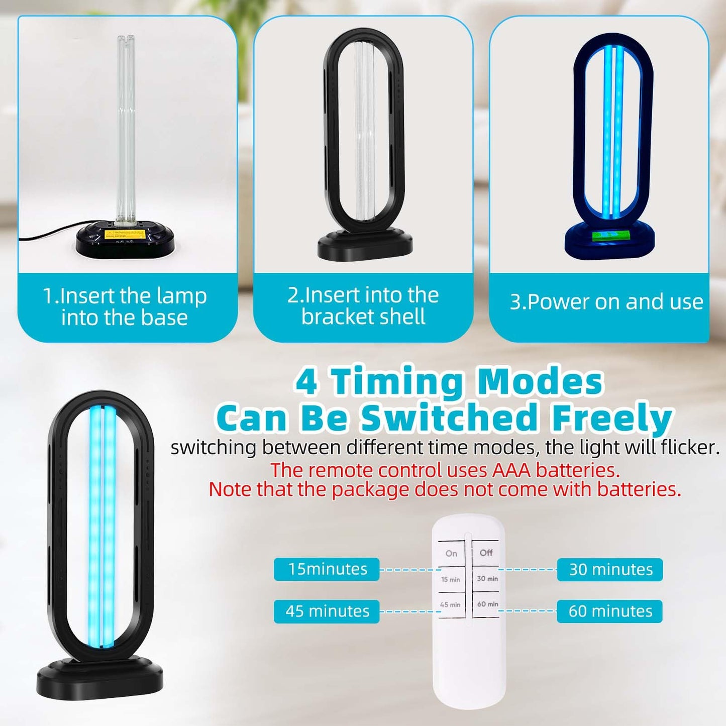 Feefir UV Light Sanitizer,4-Speed Timing and Remote Control UVC Home Disinfection Device,Ultraviolet Light Sanitizer for Dust Mites,UV Lamp for Whole Room,Black