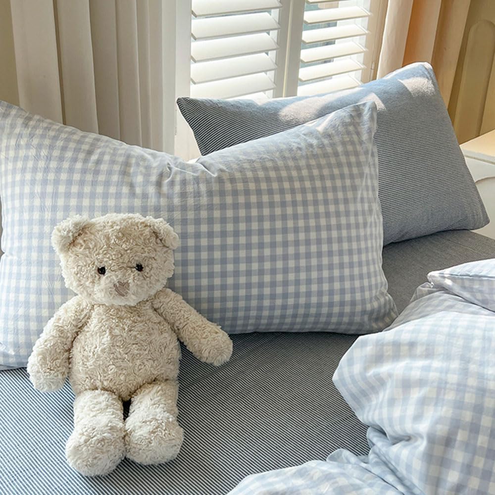 Nayoroom Gingham Duvet Cover Queen Size Blue White Plaid Checkered Comforter Cover Grid Farmhouse Bedding Set 3 Pcs Soft Breathable Washed Microfiber Gifts for Women Men