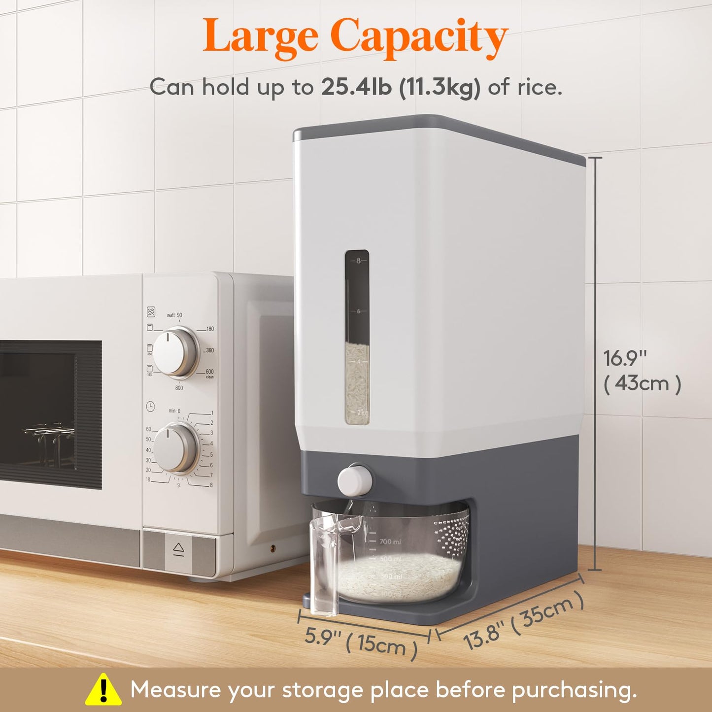 Lifewit Rice Dispenser 25 Lbs(11.3kg), Rice Storage Container Sealed Moisture Proof with Measuring Cup for Kitchen Pantry Household, BPA-Free, 1 Pack Grey