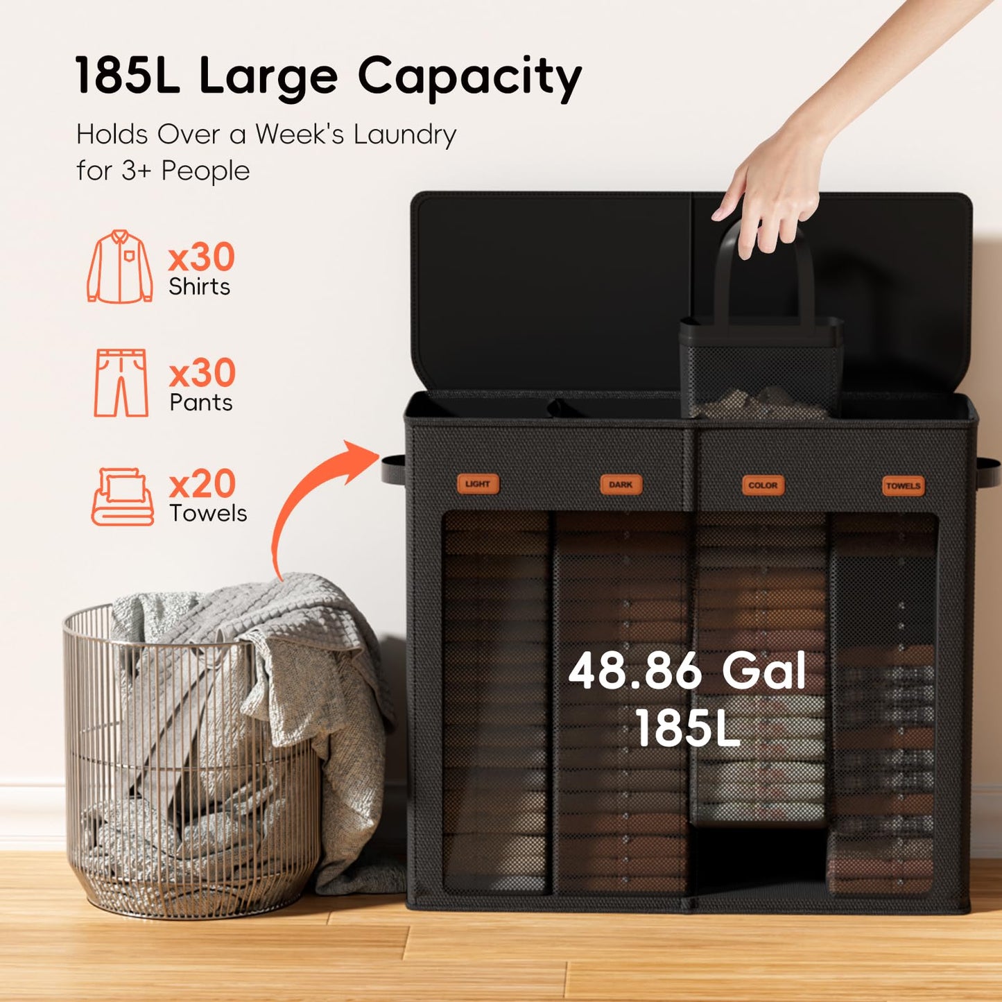 Vexalora Laundry Hamper 4-Section with Lid, 185L Laundry Sorter with 4 Removable Bags + 1 Extra Large Bag, Switchable 3/4 Compartment, Laundry Basket Organizer for Bedroom, Laundry Room，Black
