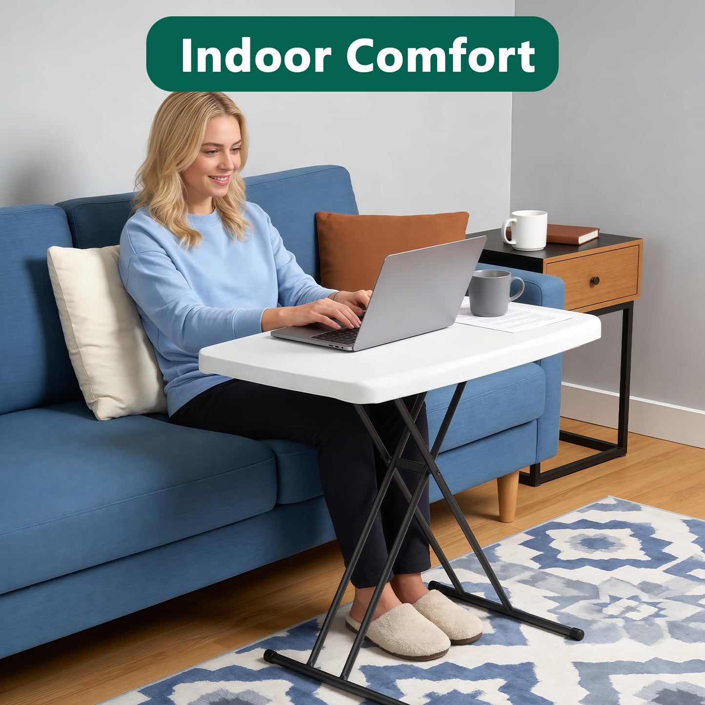MAKE CHANGES Folding Table 30 Inch - Small Desk Adjustable Height TV Tray for Laptop, Couch, Camping - Heavy Duty Utility Foldable Table for Small Spaces, No Assembly Required,Plastic White Granite