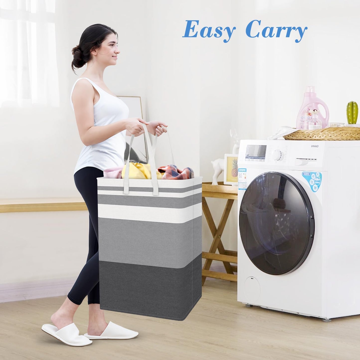 BlissTotes 3-Pack Laundry Basket, Freestanding＆Waterproof Laundry Hamper, Collapsible Tall Clothes Hamper with Easy Carry Handles for Clothes, Towels in the Family and Dorm,Gradient Grey,125L
