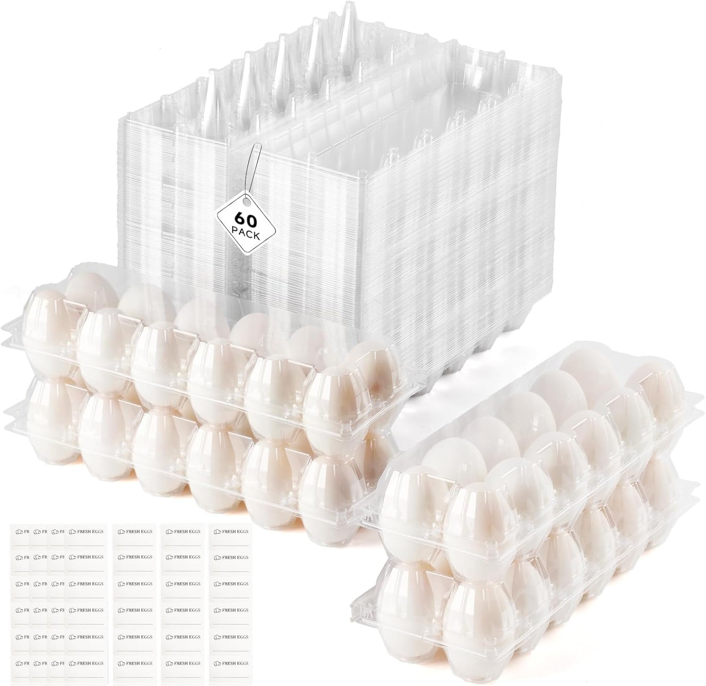 YIFIHGE 60 Pack Duck Egg Cartons Jumbo Egg Cartons Cheap Bulk with Sticker Labels Clear Empty Plastic Egg Containers Extra Large for Home Ranch Farm Commercial Market Display, 2×6 Grids