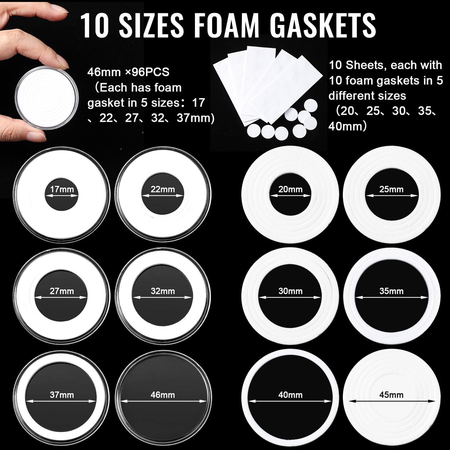 Affrolling Fireproof and Waterproof Coin Storage Box 96 Pcs 46 mm Coin Holder for Collectors Capsule Case with Lock with 196 Pcs 10 Size Gaskets for Dime Cent Nickel Quarter Silver Dollar(Black)