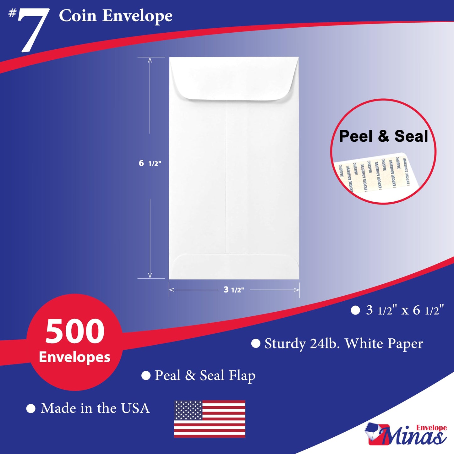 500 Minas Envelope #7 Coin/Cash/Small Parts Envelope, 3-1/2" X 6-1/2", Peel & Seal, Premium 24lb. White, 500/Box