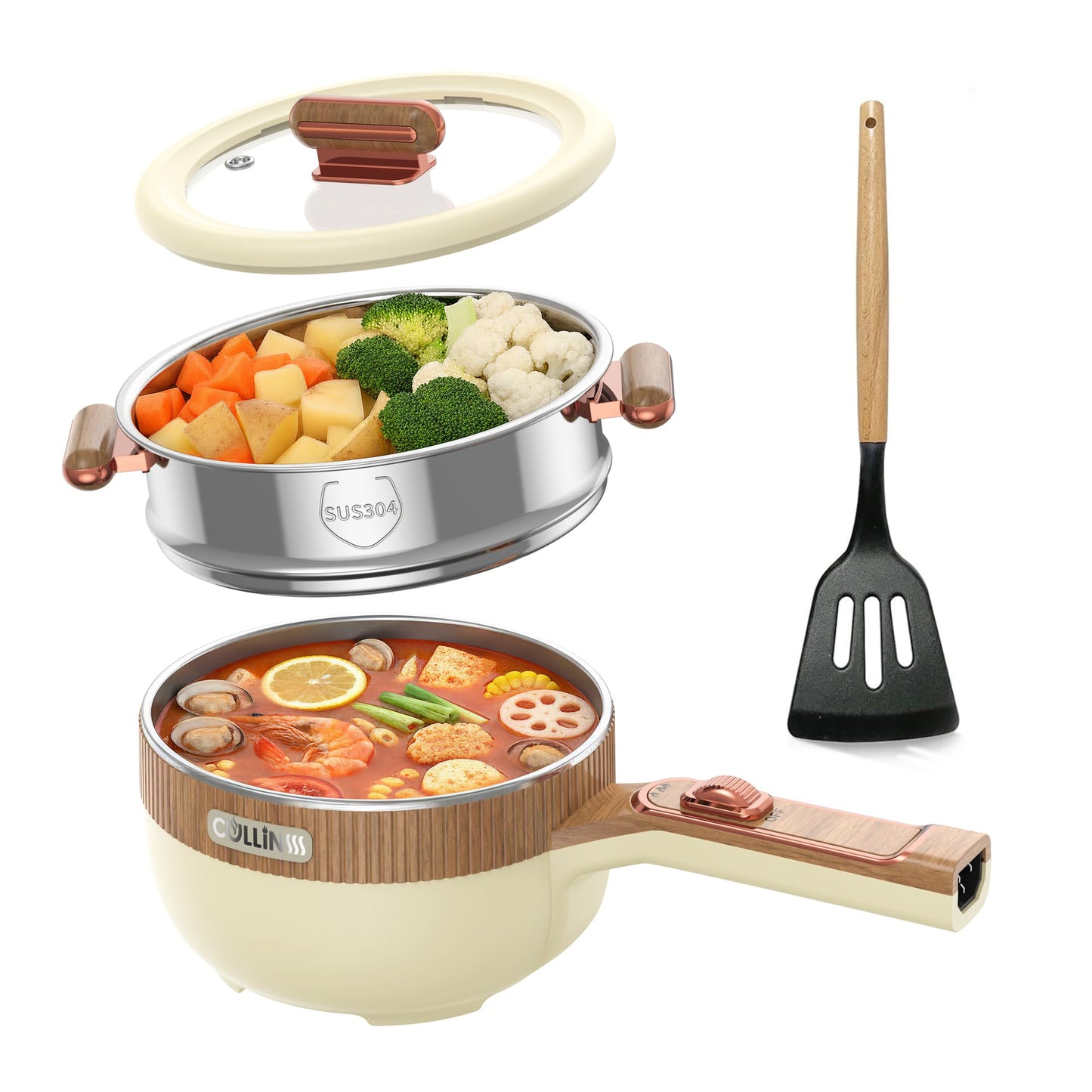 Cullinsss Hot Pot Electric, 1.5L Portable Electric Pot Frying Sauté Pan Multifunctional Cooker for Ramen Steak Soup with Adjustable Power for Dorm Home Travel (Silicone Spatula Included)