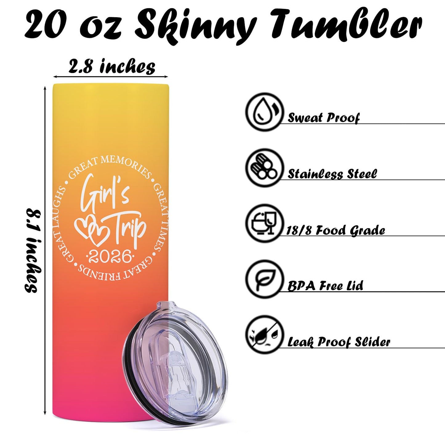 BQXH 4 PCS 2026 Girls Trip 20oz Stainless Steel Tumbler, Girls Trip Gifts Favors Straight Skinny Coffee Mug, Insulated Tumblers Cups Weekend Gifts for Friendship Vacation Bachelorette Party
