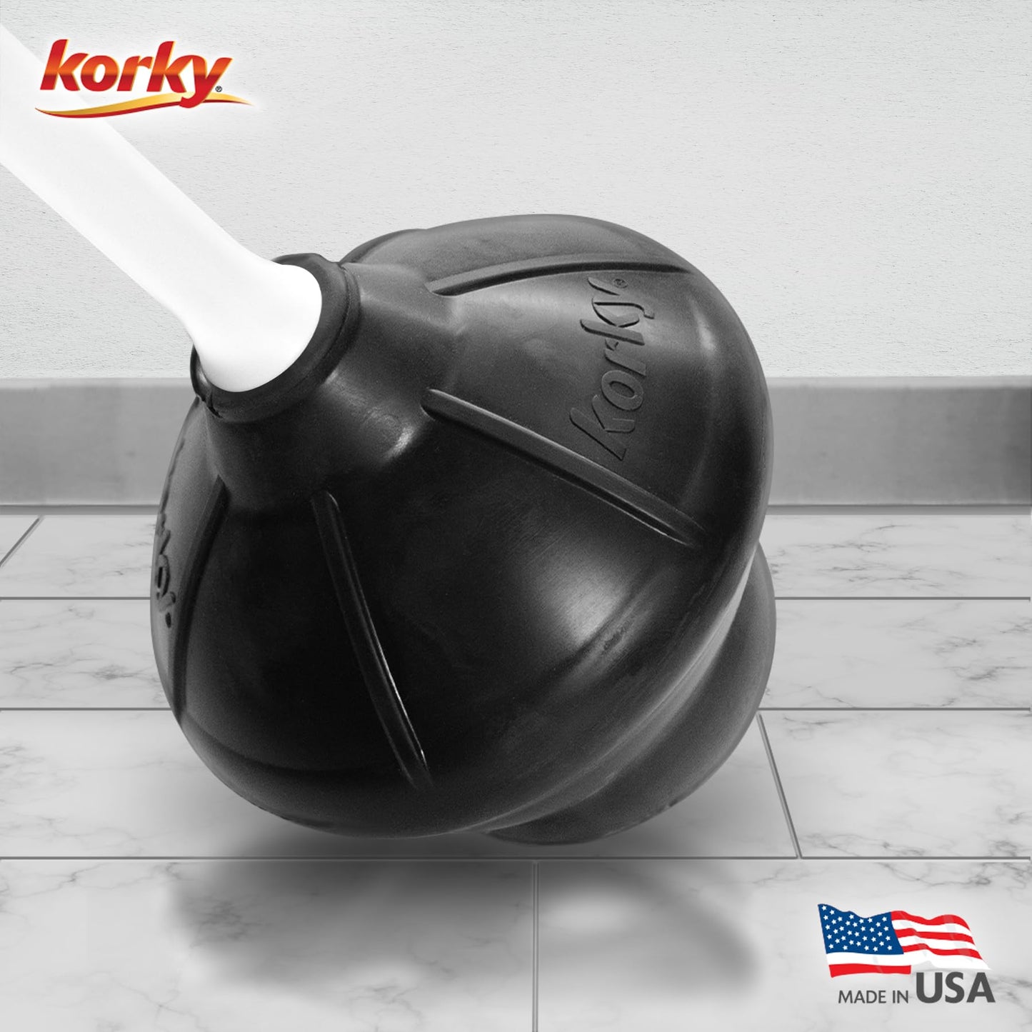 Korky White Toilet Plunger and Holder – Heavy Duty Compact Design – Fast Clog Removal – Easy to Clean - Made in USA
