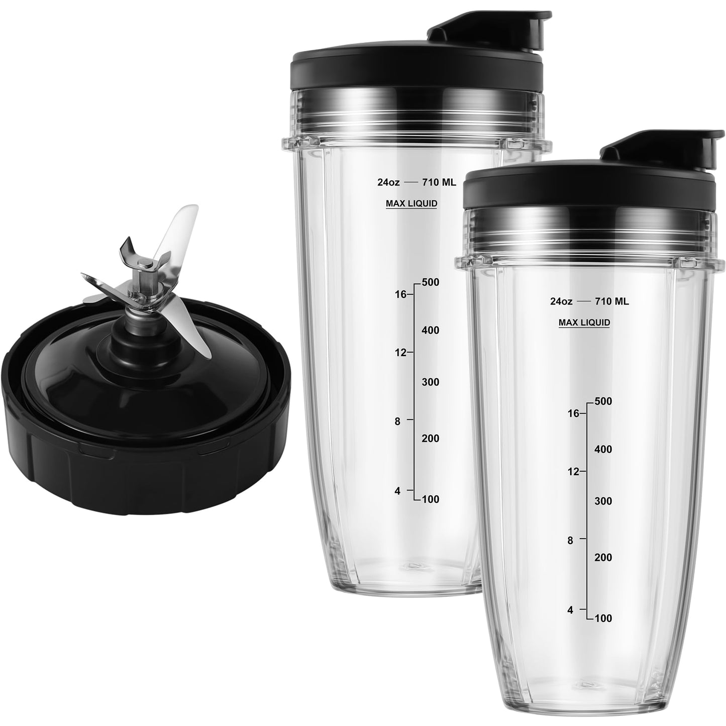 MEET JUICE Blender Replacement Parts Compatible with Ninja Auto-iQ Blenders, 24oz Cups with Lids and 7-Fin Extractor Blade for BL480 BL640 BL642 Series (Compatible with 7-Fin Systems Only)