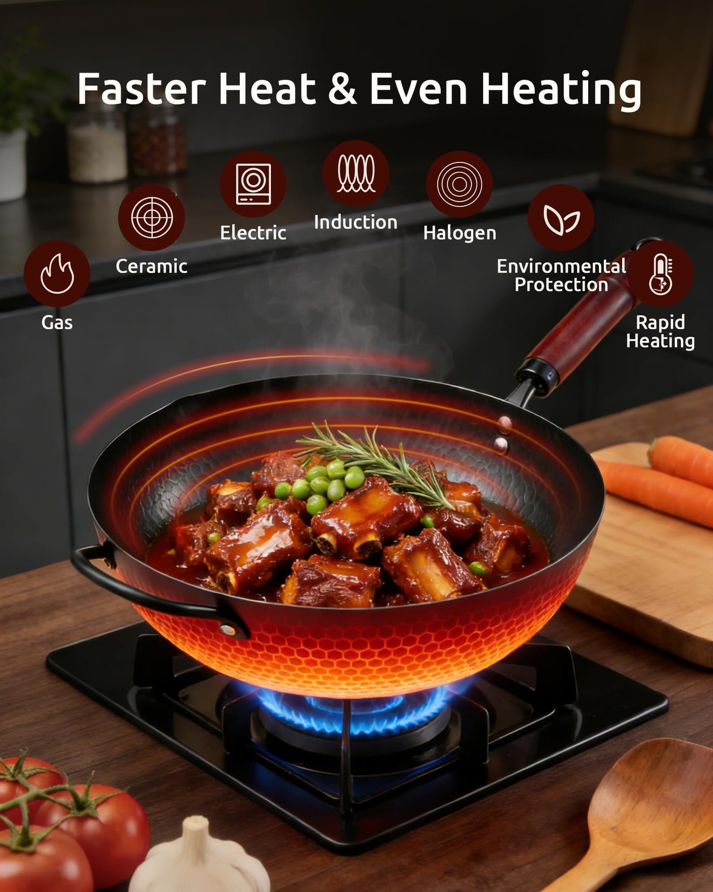 FGJ Wok Pan, Carbon Steel Wok, Woks & Stir-Fry Pans Nonstick, 13 Inch Wok Pan with Wooden Lid, Pre-Seasoned Carbon Steel Cookware, 5.8QT Flat Bottom Chinese Wok Pan, Compatible with All Cooktops