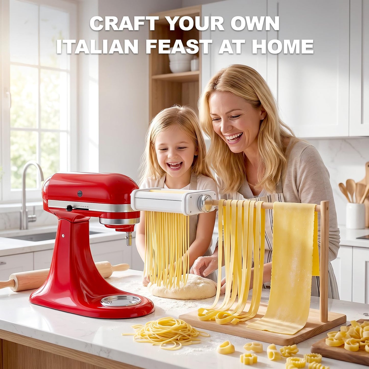 Pasta Attachment for KitchenAid Stand Mixers, 3 in 1 Pasta Maker Set for Kitchenaid, Includes Pasta Roller, Pasta Cutter and Fettuccine Cutter with Cleaning Brush