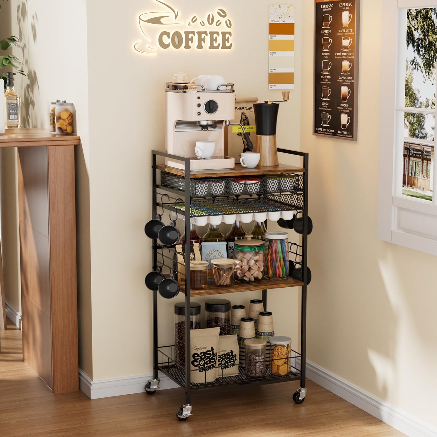 Homsorout Coffee Bar Station with Storage Drawer - 5 Tier Coffee Table Countertop Organizer for K Cups, Tea Bags, Sugar Storage and Kitchen Cabinets (Brown)